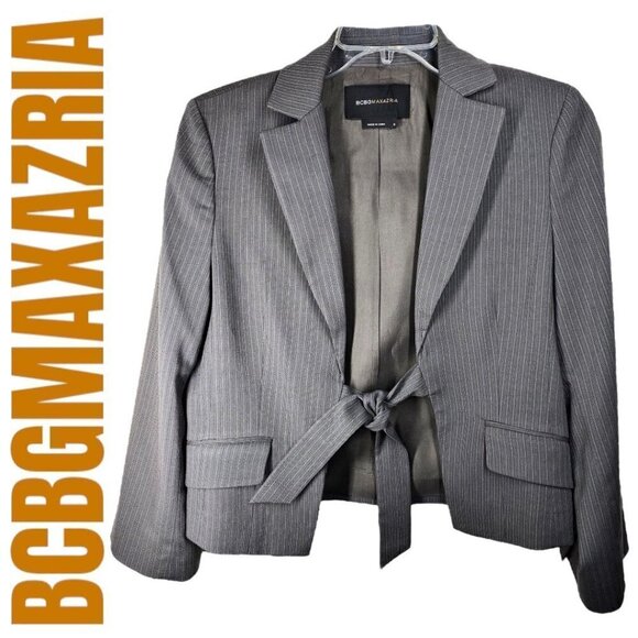 BCBGMAXAZRIA Lolita Cropped Taupe Pinstriped Tie Front Blazer Jacket, Size Small - Picture 1 of 9